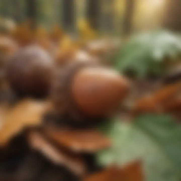 Close-up of acorn nestled among fall leaves