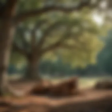 Aged equines peacefully resting under the shelter of ancient oak trees