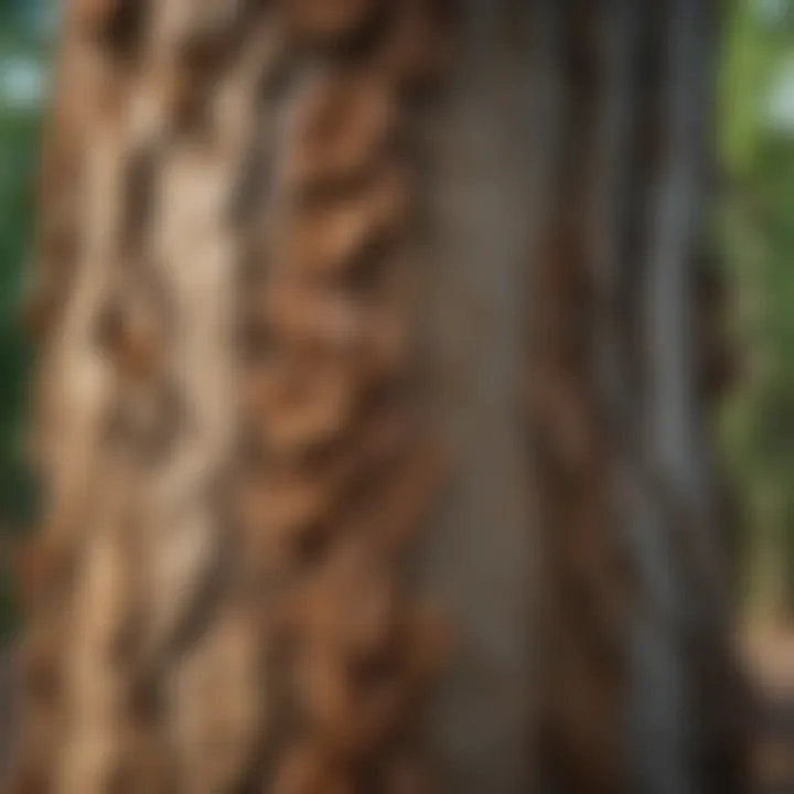 A close-up of a Pecan tree's distinctive compound leaves and bark texture