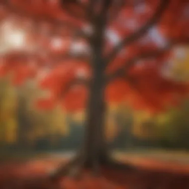 A striking Red Maple tree adorned in bright red foliage during autumn