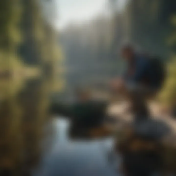 Angler Checking Fishing Gear by the Lake