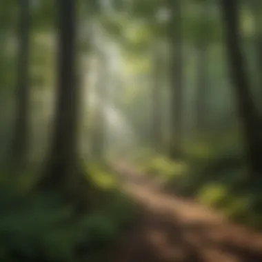 Lush green forest canopy with dappled sunlight filtering through