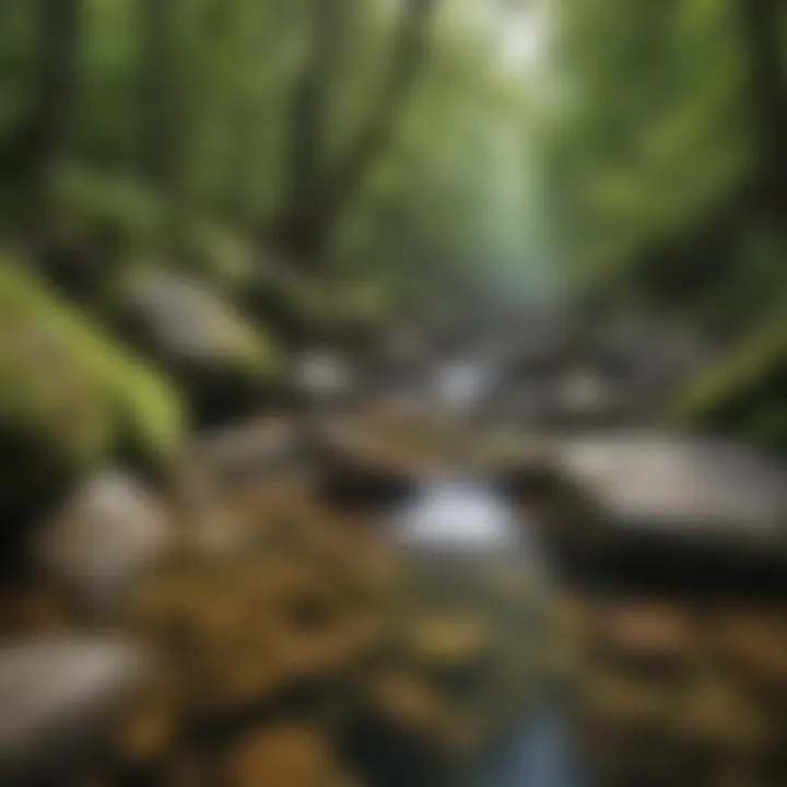 Crystal clear mountain stream cascading over mossy rocks