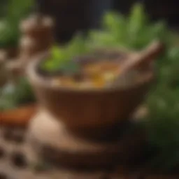 Aromatic herbs and spices in a wooden mortar