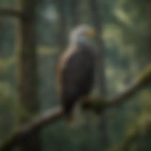 Majestic Bald Eagle perched on a tree branch in a lush forest setting