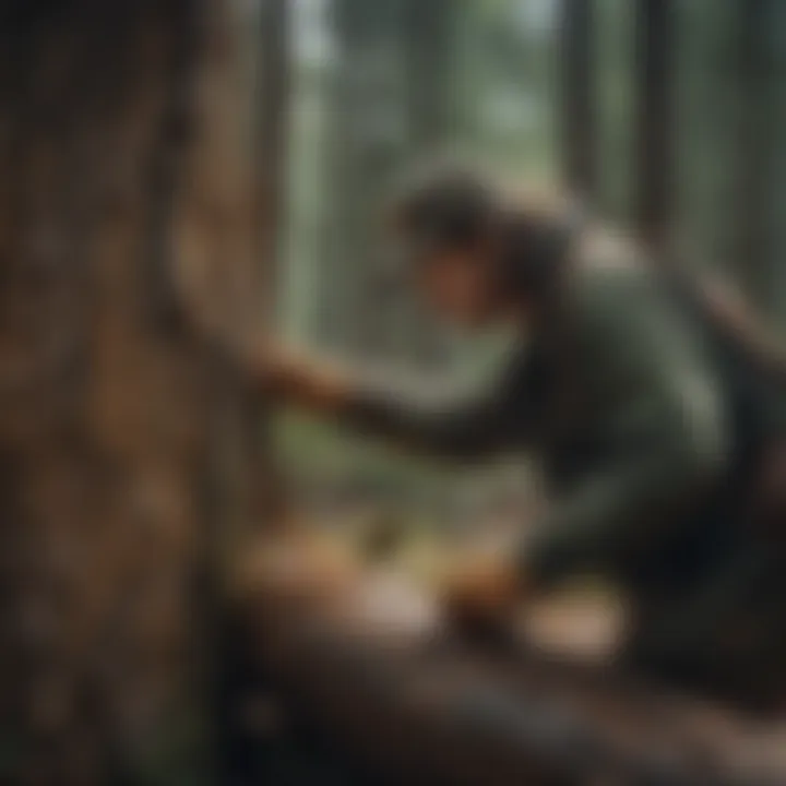 Detailed shot of a tree faller inspecting tree bark for signs of disease