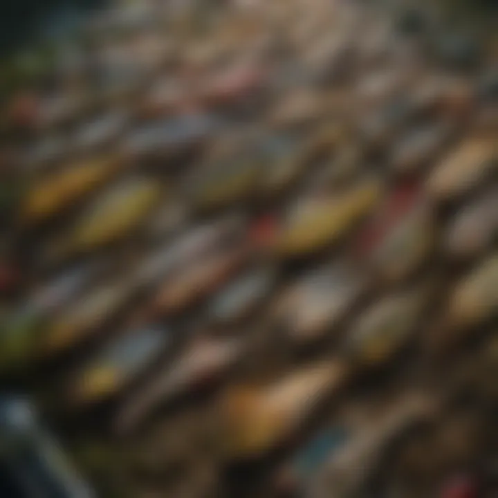 Close-up of various bass lures laid out, illustrating the diversity in bait selection for bass fishing.
