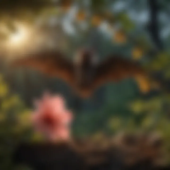 Bat sipping nectar from a flower in the twilight