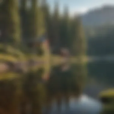 Serene lake surrounded by pine trees