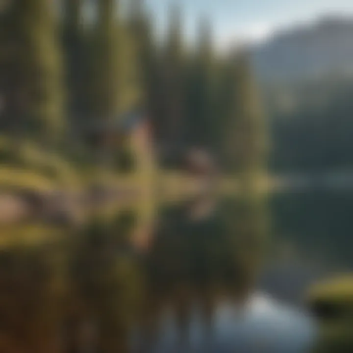 Serene lake surrounded by pine trees