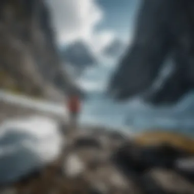 Hiking Through Towering Glaciers Hiker traversing a rocky trail surrounded by towering glacial landscapes
