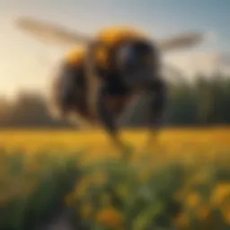 Majestic big bumblebee soaring over a vibrant field