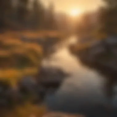 Sunrise casting a golden hue over rugged terrains