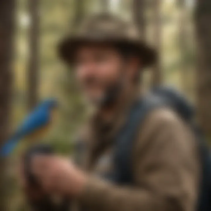 Blue Bird Conservationist Monitoring Forest Ecosystem