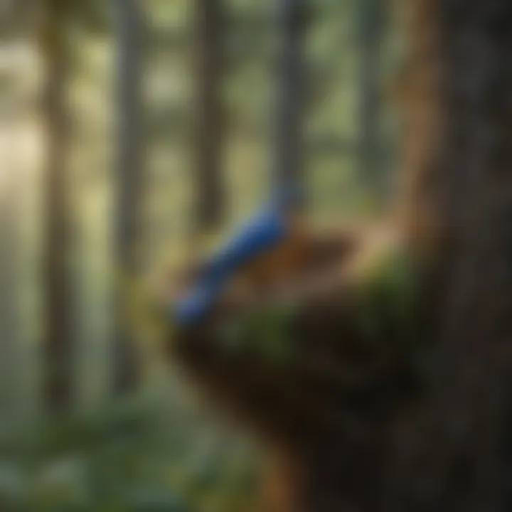 Blue Bird Nesting in Lush Forest Canopy