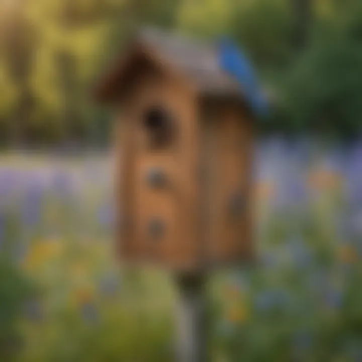 Bluebird house amidst blooming wildflowers