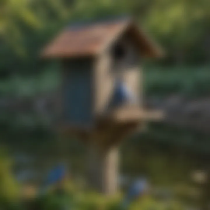 Bluebird house near a serene pond