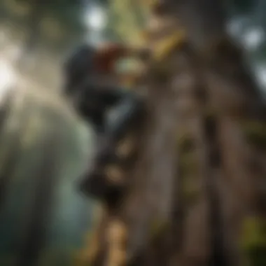 Climbing Techniques with Boot Spikes An individual using boot spikes to ascend a towering tree, demonstrating climbing techniques in action.