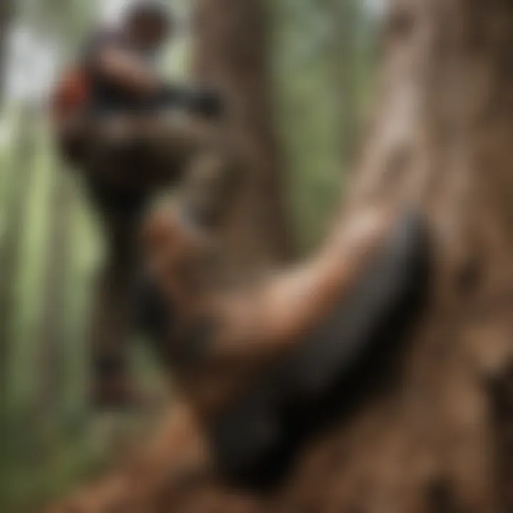 An illustration of safety protocols while using boot spikes in tree climbing scenarios.