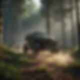 Detailed view of a broadcast sprayer in action within a forest setting