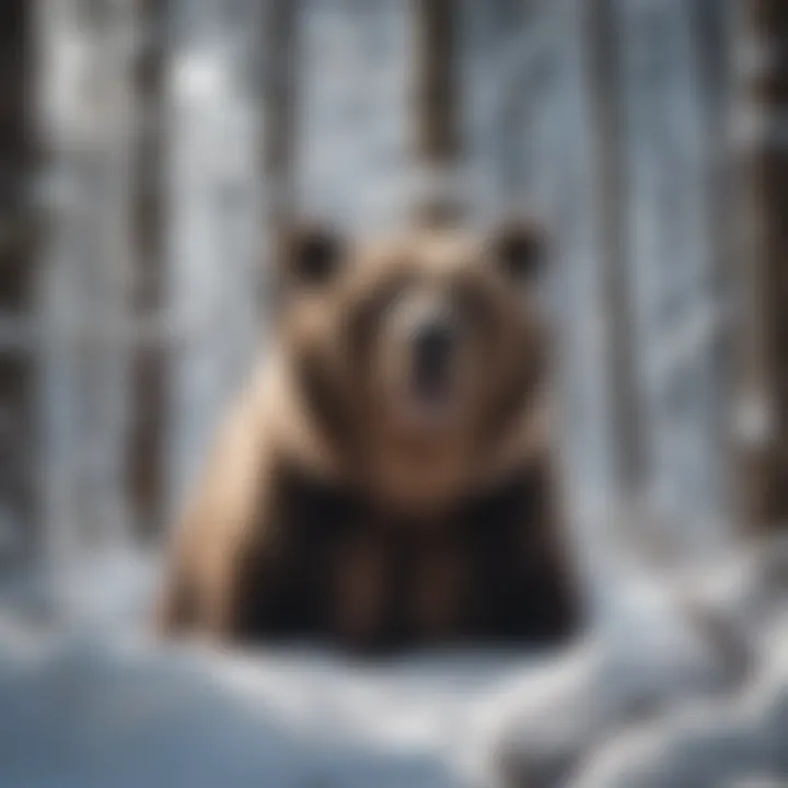 Brown bear den in snow-covered wilderness