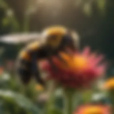 Big bumblebee delicately collecting nectar from a colorful flower