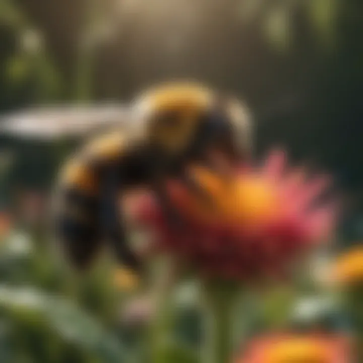 Big bumblebee delicately collecting nectar from a colorful flower