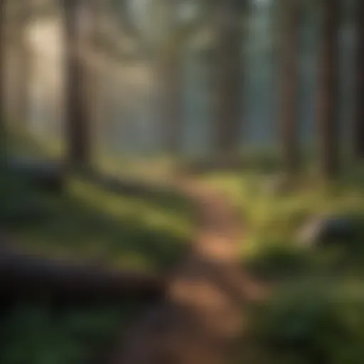 A serene view of a pine forest at dawn
