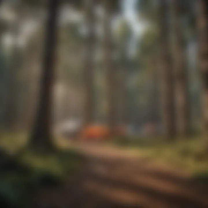 Camp Among the Pines Camping setup with tents nestled among towering pines