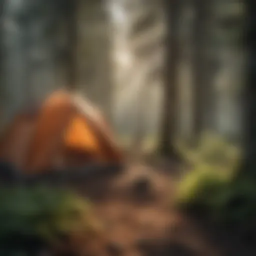 A serene campsite with a dog enjoying the outdoors