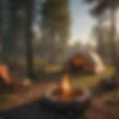 A cozy campsite with a tent and a campfire amidst a natural landscape