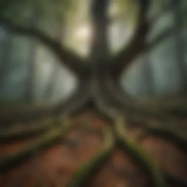 Intertwined Canopy Tree Roots in Forest Floor Canopy tree roots interwoven in the forest floor
