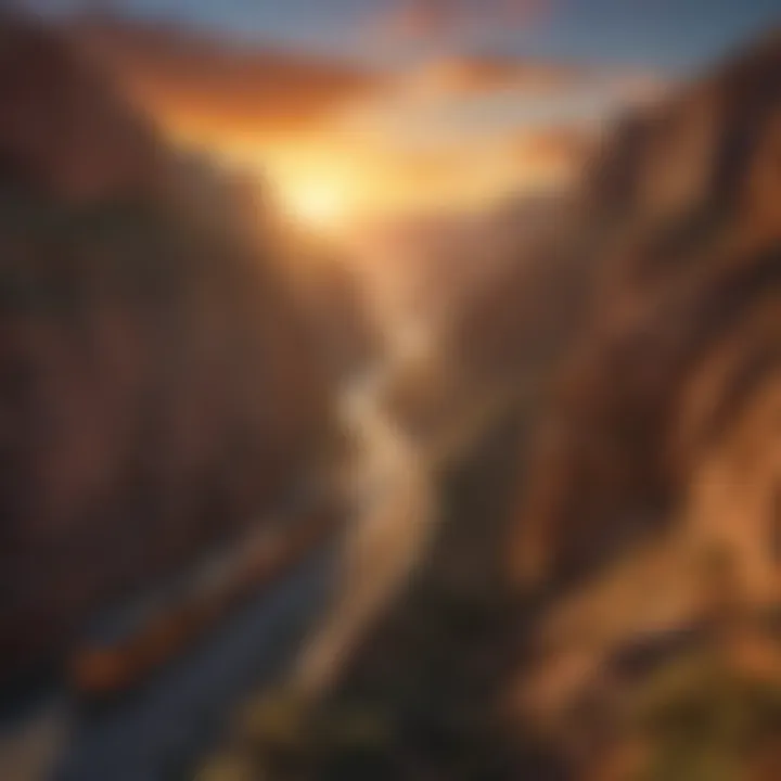 Sunset view of the Canyon Railroad winding through majestic canyons