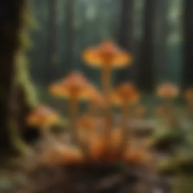 Chanterelle spores interacting with surrounding flora in a symbiotic relationship