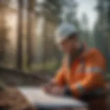 Engineer examining blueprint at construction site