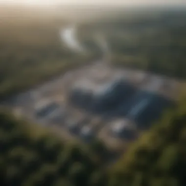 Modern Carbon Capture Facility Aerial view of a modern carbon capture facility nestled within a lush landscape.