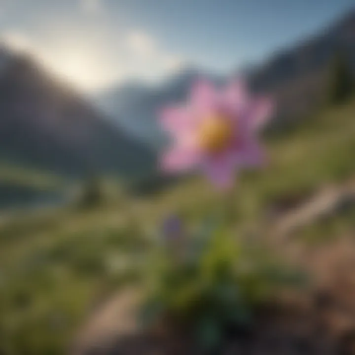 Columbine Flower in Mountain Setting Colorado Columbine Flower Against Scenic Mountain Backdrop