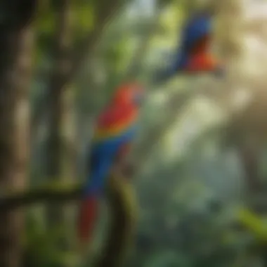 Colorful macaws perched on lush rainforest trees