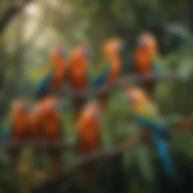 Colorful parrots perched on lush green trees