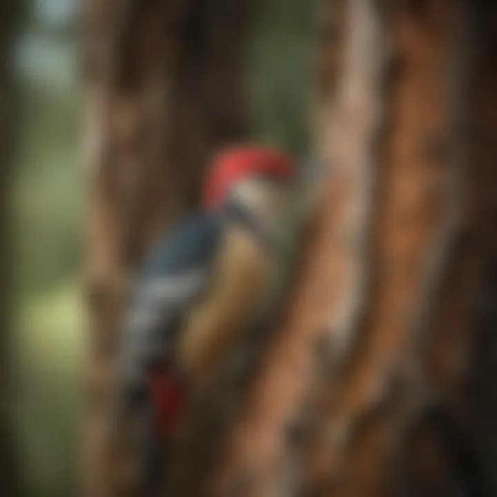 Colorful Woodpecker drumming on a tree trunk