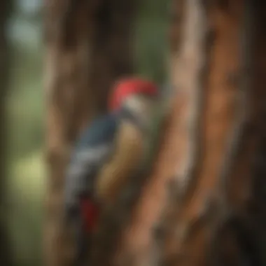 Rhythmic Beats of the Woodpecker Colorful Woodpecker drumming on a tree trunk
