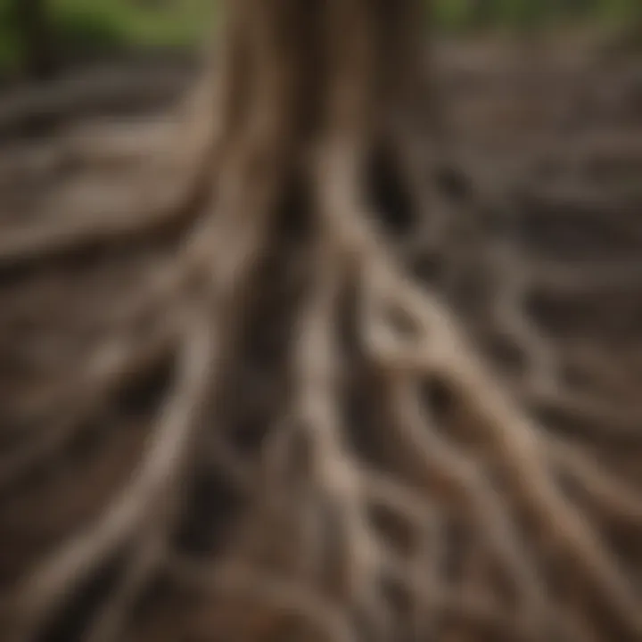 Close-up of tree roots interwoven with soil showcasing sustainability