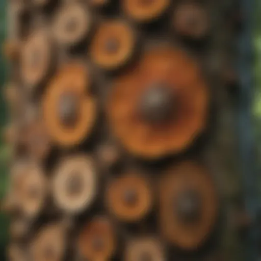 Magnified view of fungal spores on tree bark
