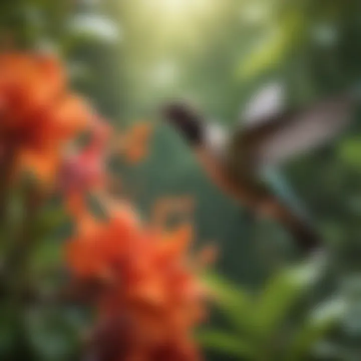 Hummingbird sipping nectar from trumpet-shaped flowers