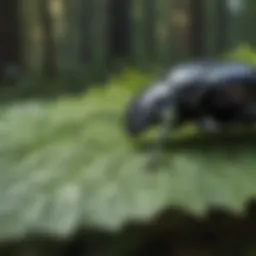 A close-up view of a black beetle on a leaf in a forest