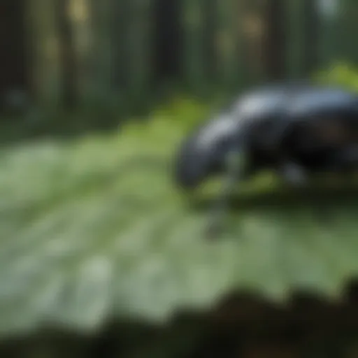 A close-up view of a black beetle on a leaf in a forest