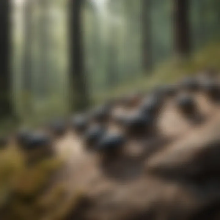A diverse group of black beetles inhabiting their natural environment