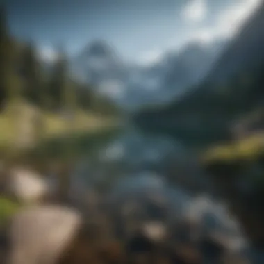 Serene Alpine Lake Amid Towering Peaks Group of hikers resting by a crystal-clear alpine lake with towering mountains in the background