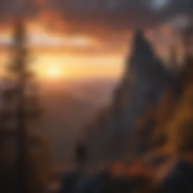 Triumphant Silhouette Against Fiery Sunset Sky Silhouette of a hiker standing triumphantly at the mountain peak against a fiery sunset