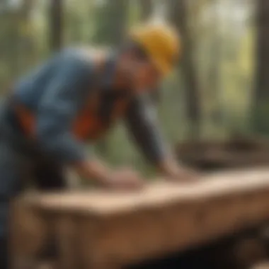 Construction worker examining treated wood
